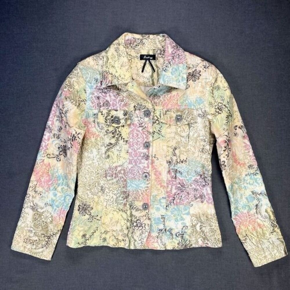 Analogy Paisley Floral Tapestry Jacket Womens Small Yellow Pastel Multicolor New